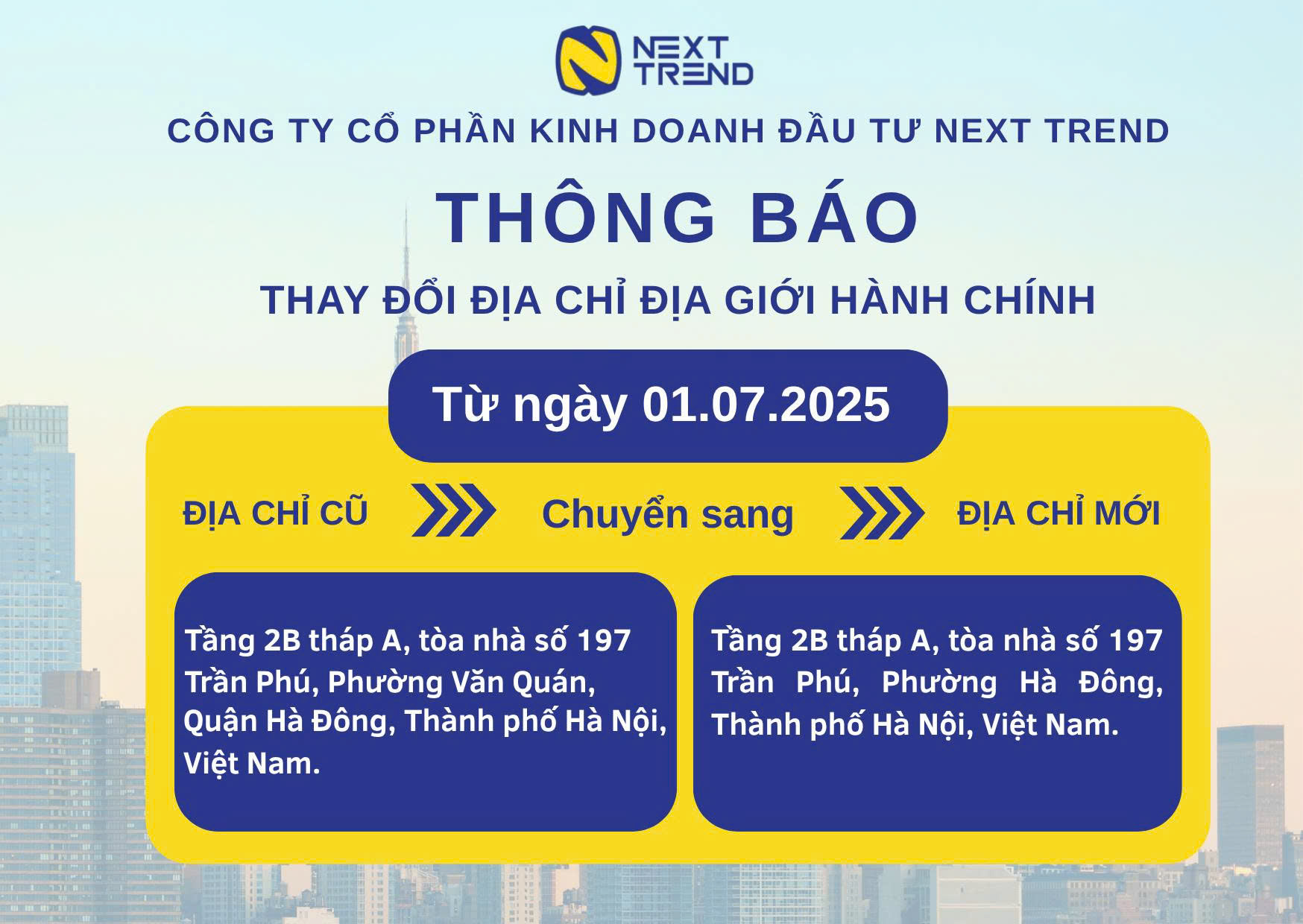 THÔNG BÁO THAY ĐỔI ĐỊA CHỈ CÔNG TY THEO ĐỊA GIỚI HÀNH CHÍNH MỚI